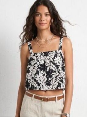 MICHAEL KORS LINEN BLACK & WHITE TROPICAL PRINT TANK WOMENS SZ MEDIUM